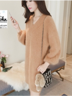 มินิเดรสหรือเสื้อตัวยาวทอไหมพรมขนกระต่ายผสมวูลสไตล์แขนกระดิ่งงานนำเข้าเกาหลี 2